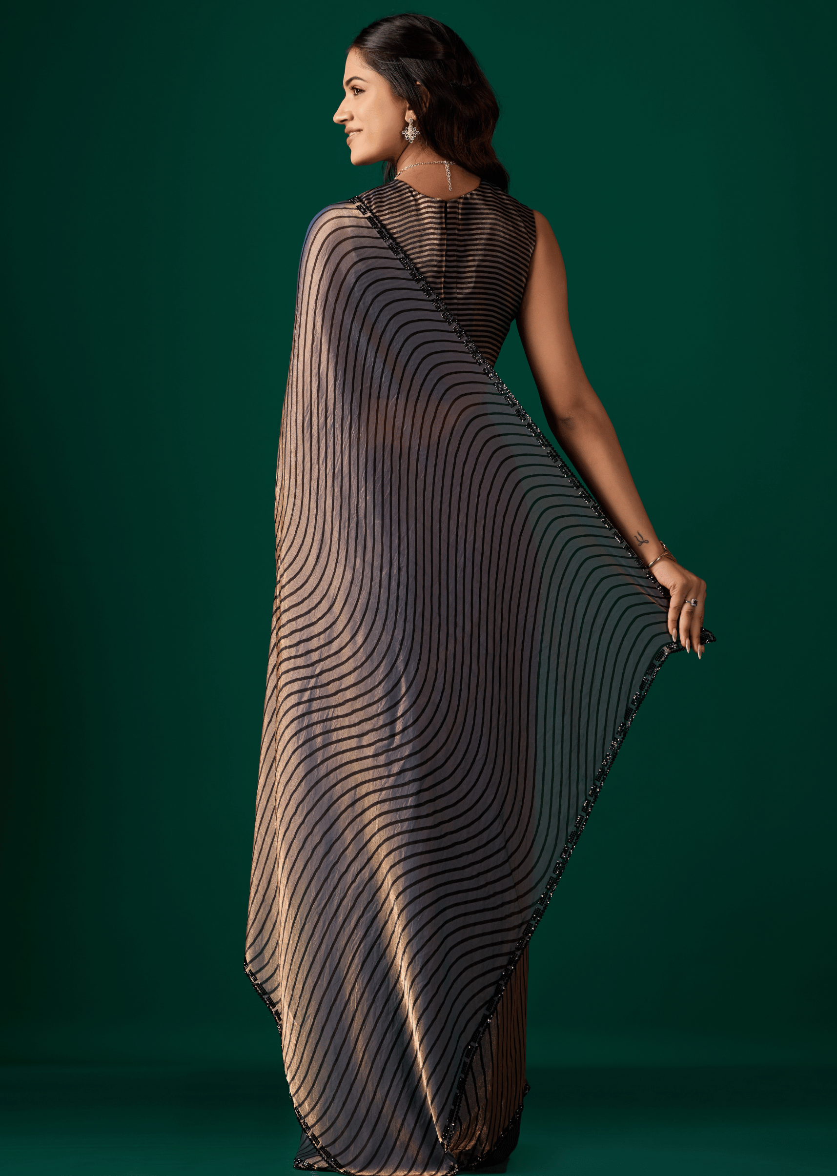 Blue Italian Silk Saree Back Drape Design - Diamond Border Detail