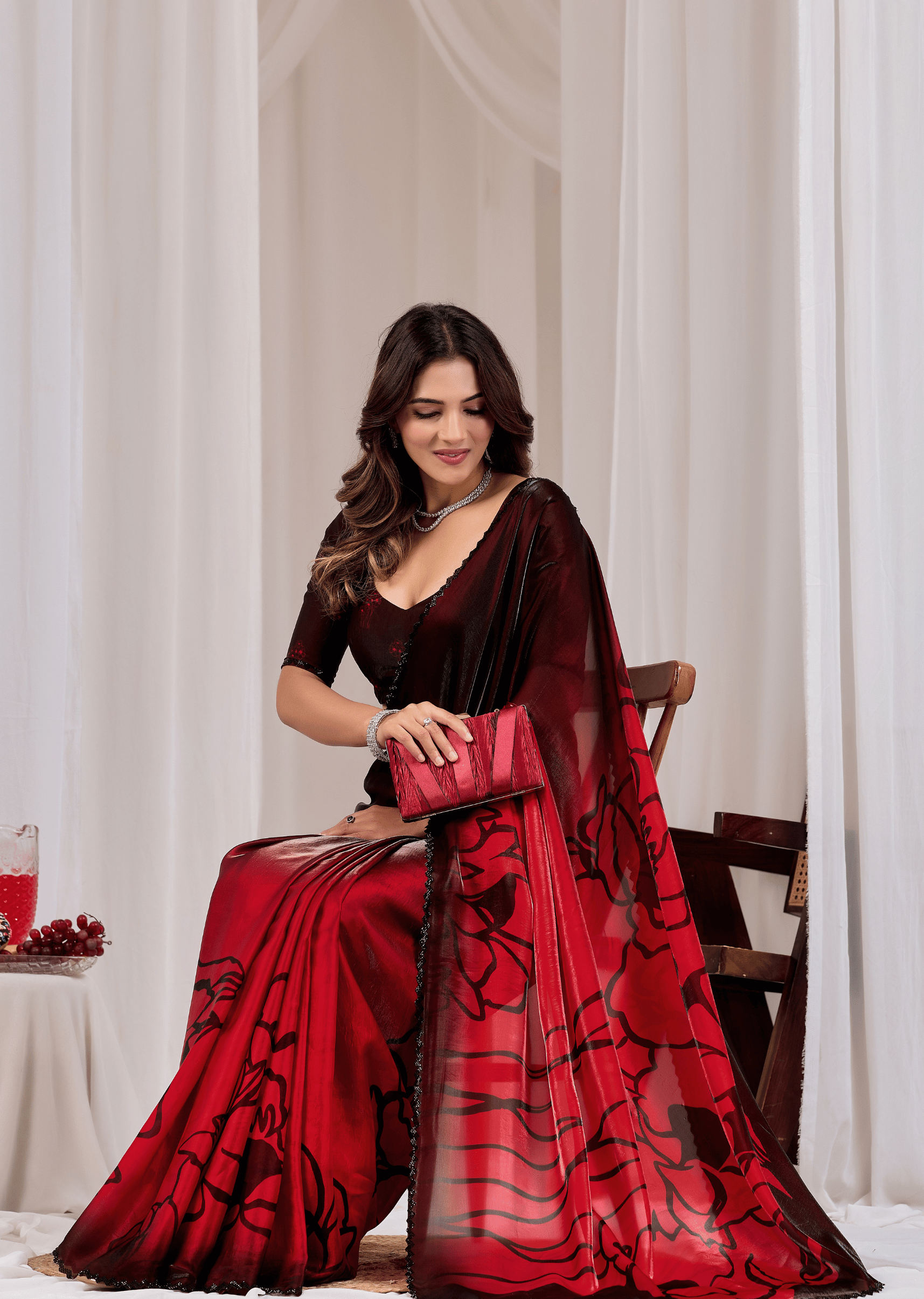 Cherry Red Organza Saree Standing Look - Party Wear Saree