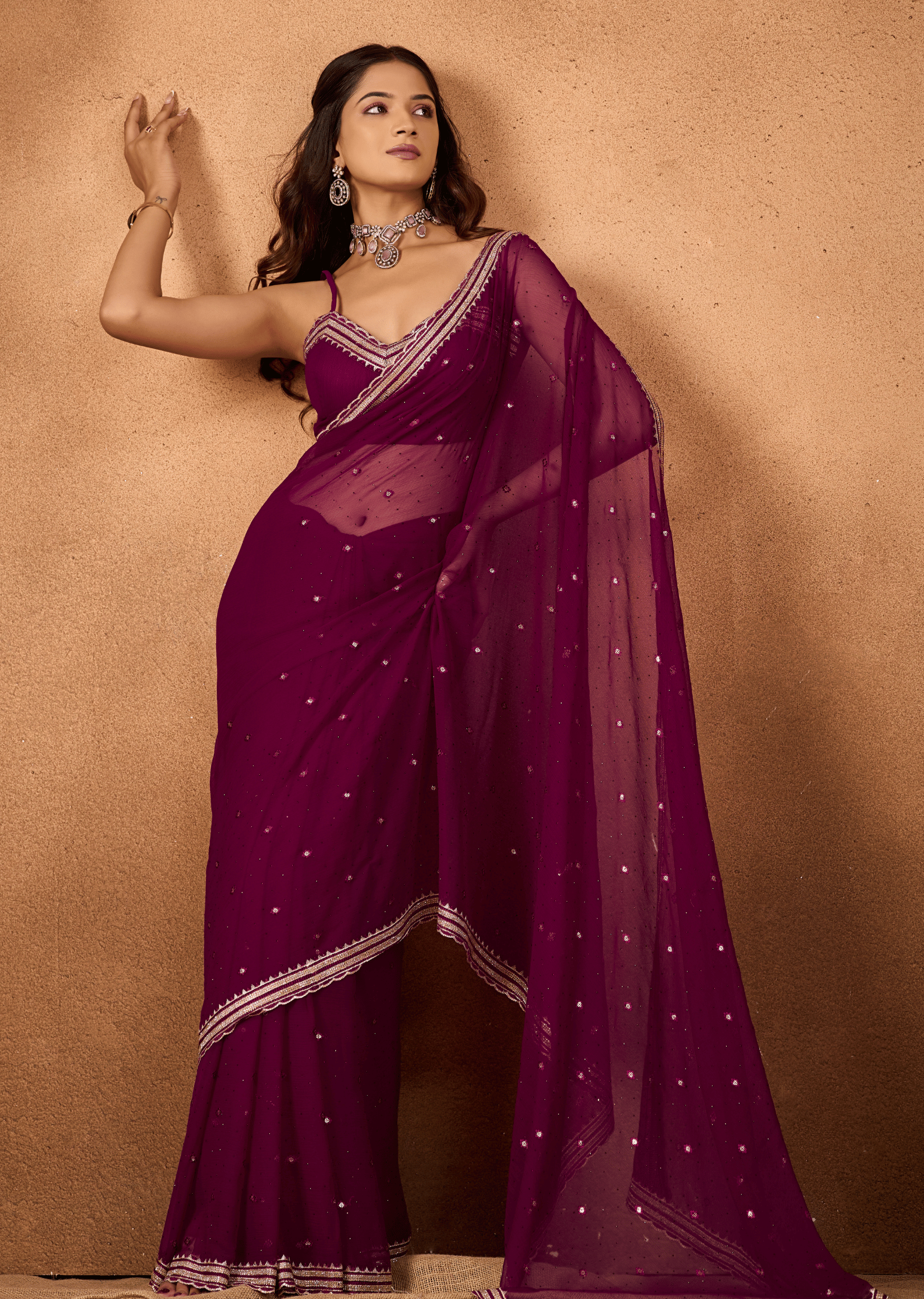 Purple Chiffon Saree Draped Pallu Look - Party Wear Saree