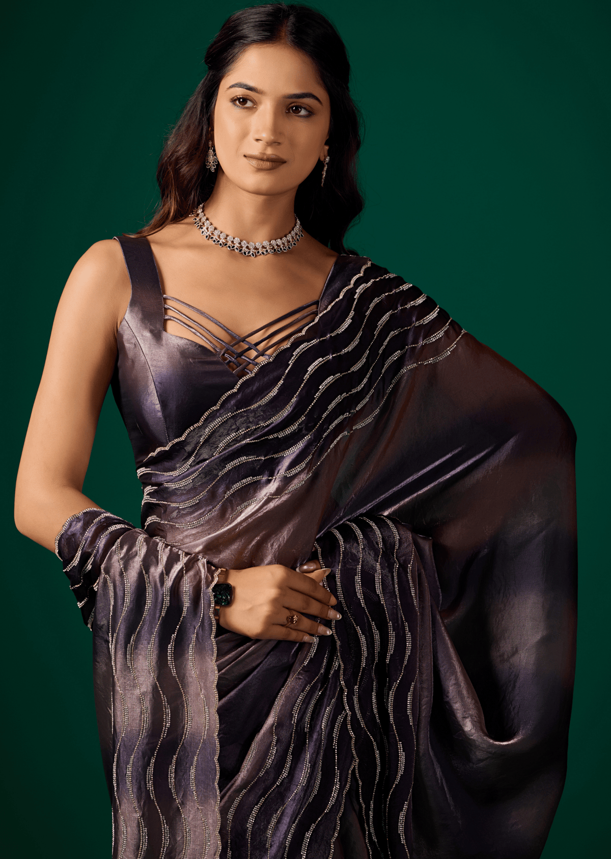 Blue Italian Silk Saree With Matching Blouse - Party Wear Look