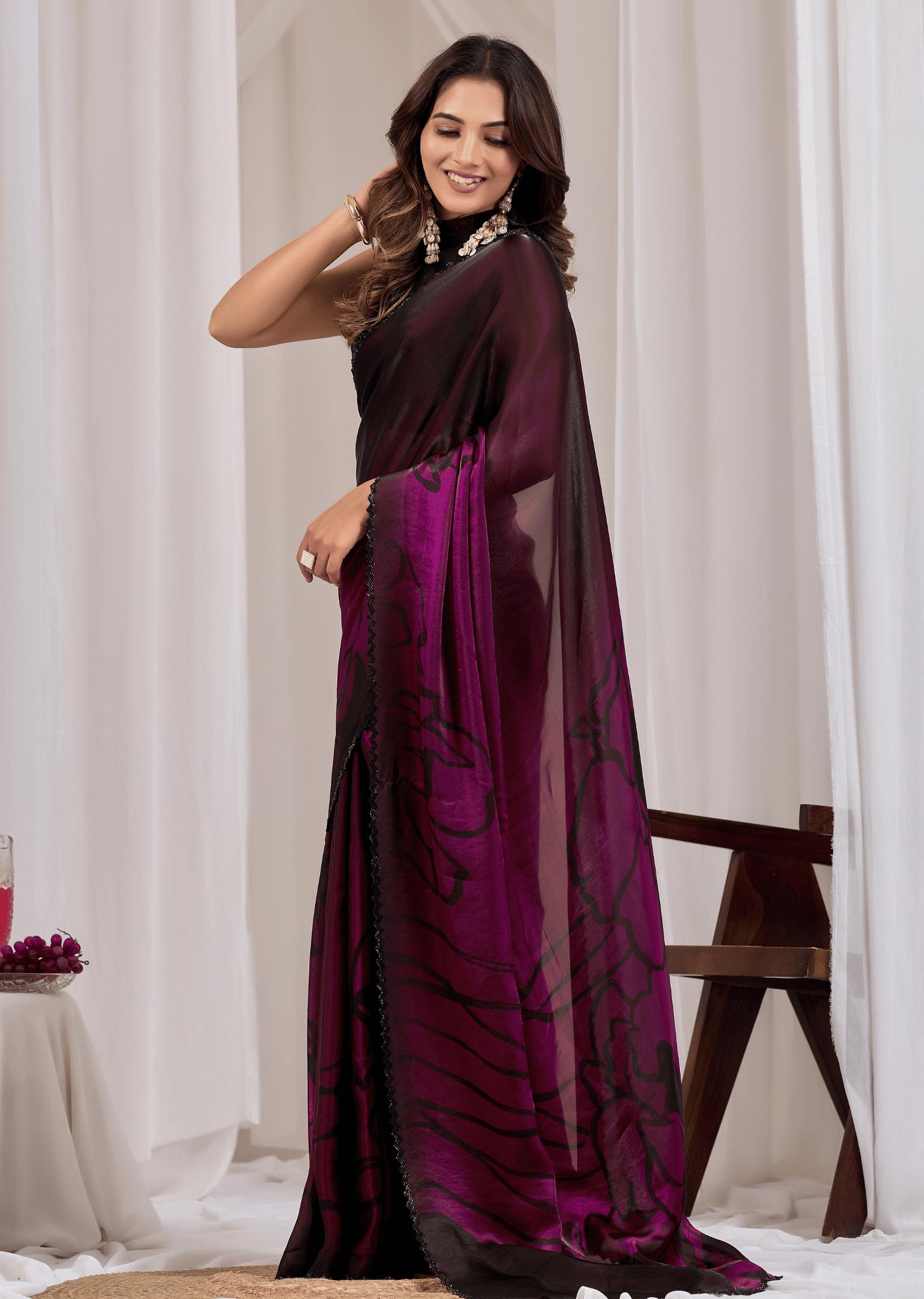Wine Organza Saree Standing Look - Party Wear Saree