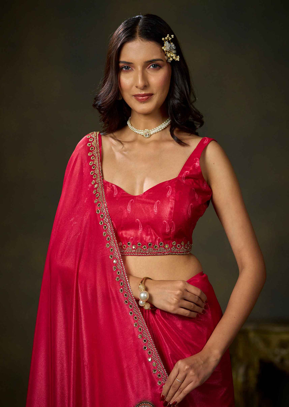 Pink Satin Silk Saree With Paisley Embellished Motifs And Border