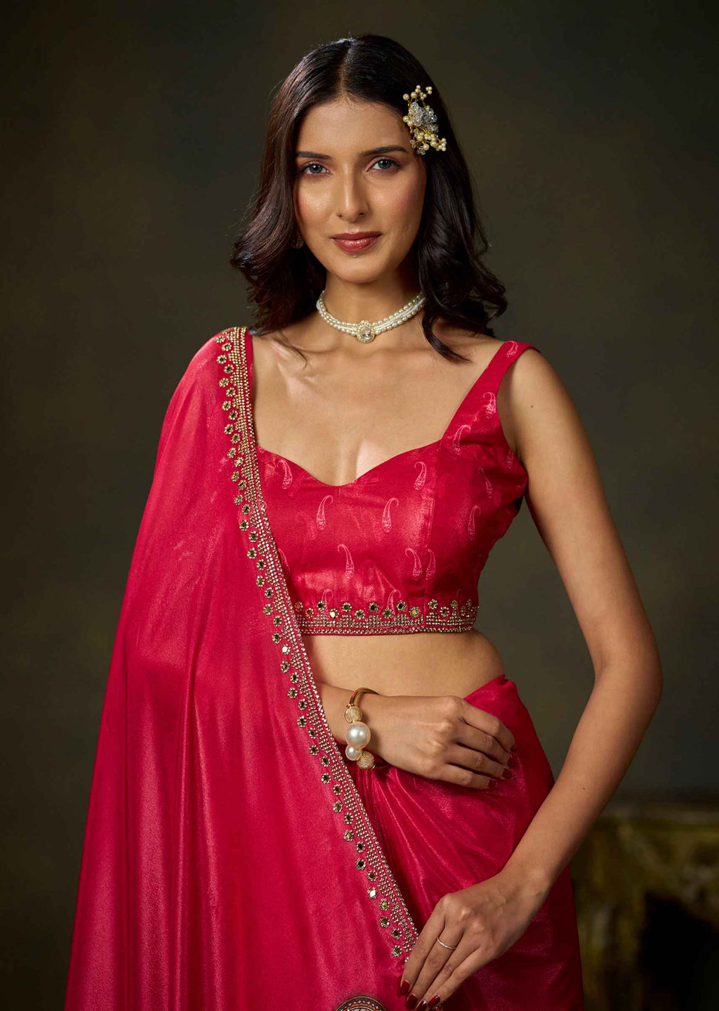 Pink Satin Silk Saree With Paisley Embellished Motifs And Border