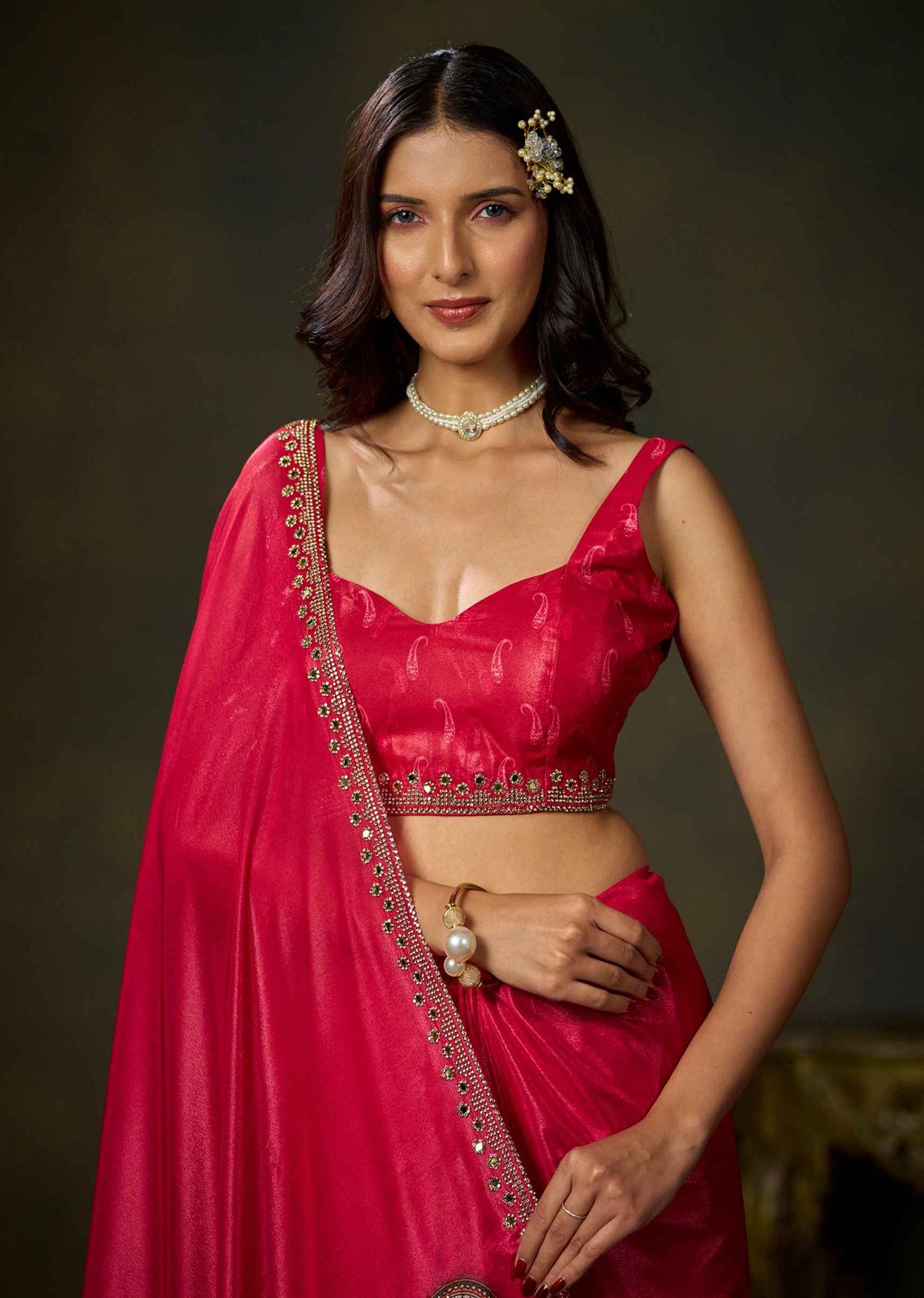 Pink Satin Silk Saree With Paisley Embellished Motifs And Border