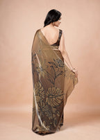 Coffee Brown Organza Silk Saree With Oversized Floral Print