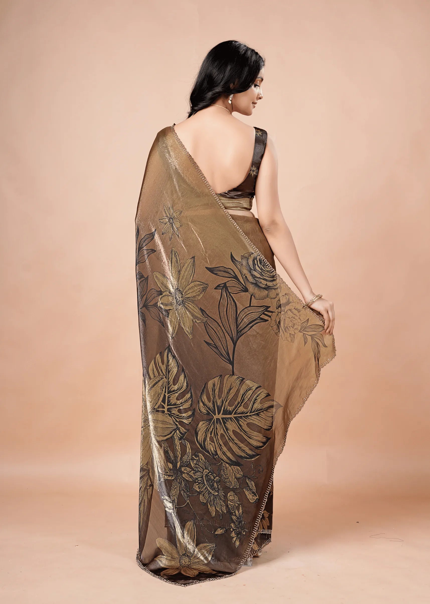 Coffee Brown Organza Silk Saree With Oversized Floral Print