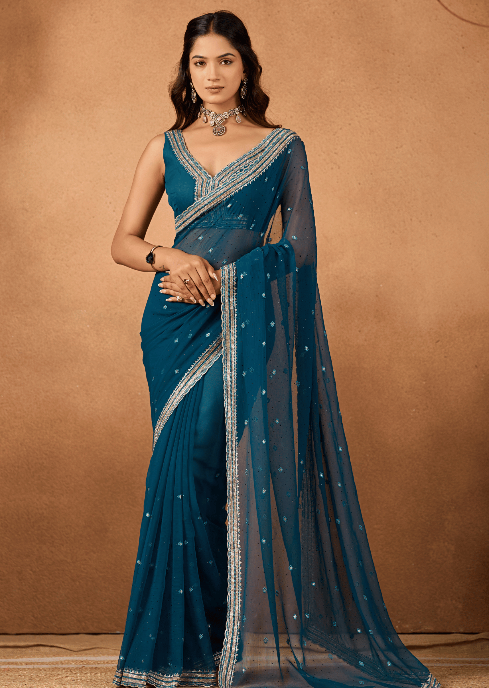 Blue Chiffon Saree With Sequin Embroidery - Front Look | Buy Online Ethnic9