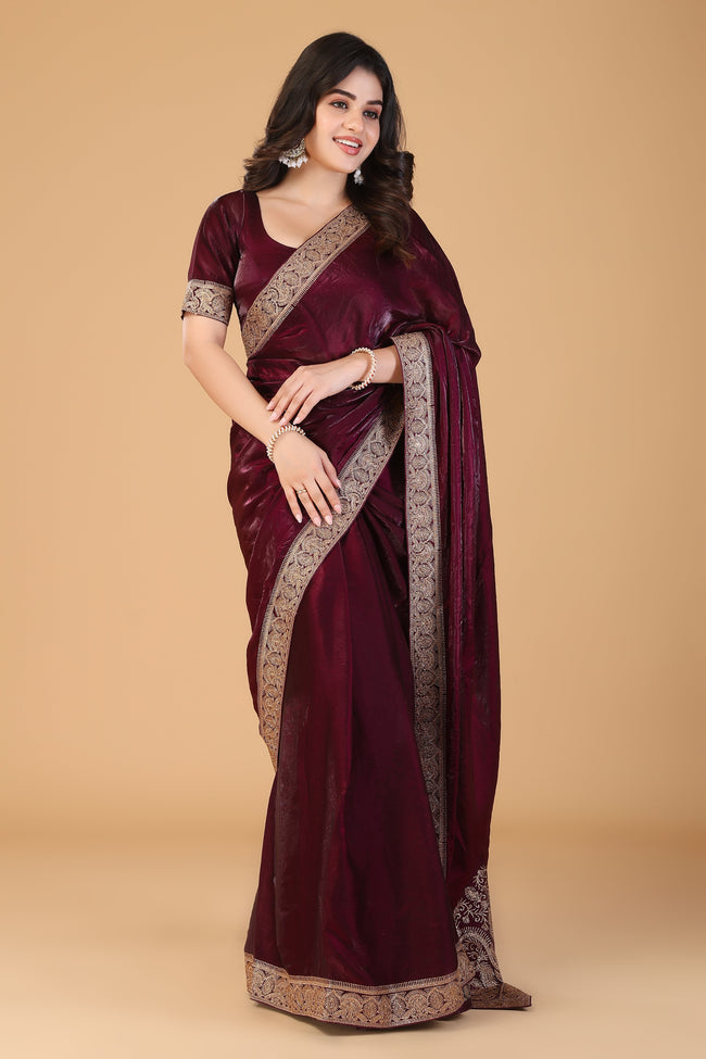 Marun zari work swarovski soft silk saree Main Image