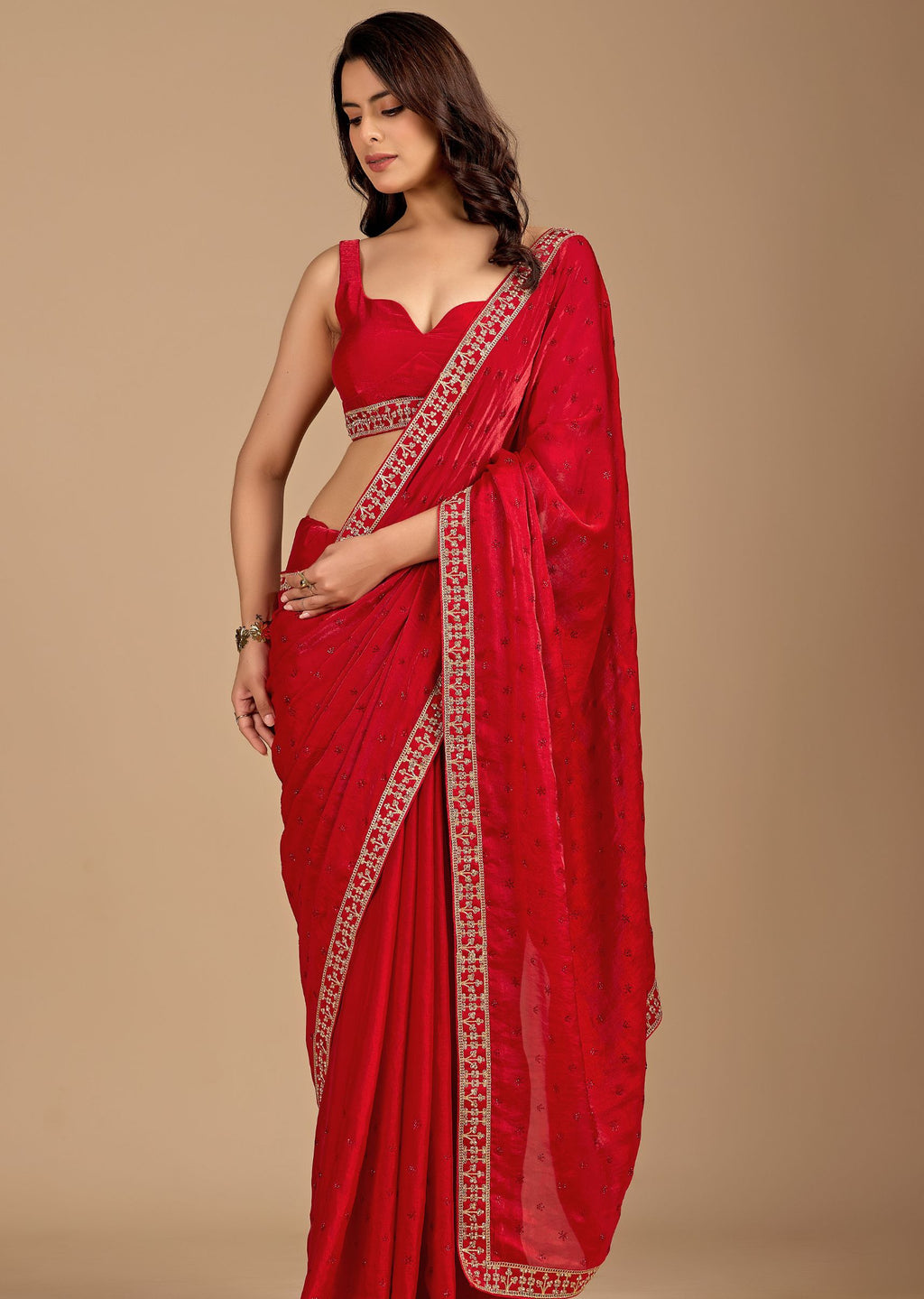 Ruby Red Organza Saree with Stone Work Border & Embellished Detailing