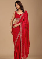 Ruby Red Organza Saree with Stone Work Border & Embellished Detailing
