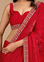 Ruby Red Organza Saree with Stone Work Border & Embellished Detailing