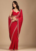 Ruby Red Organza Saree with Stone Work Border & Embellished Detailing