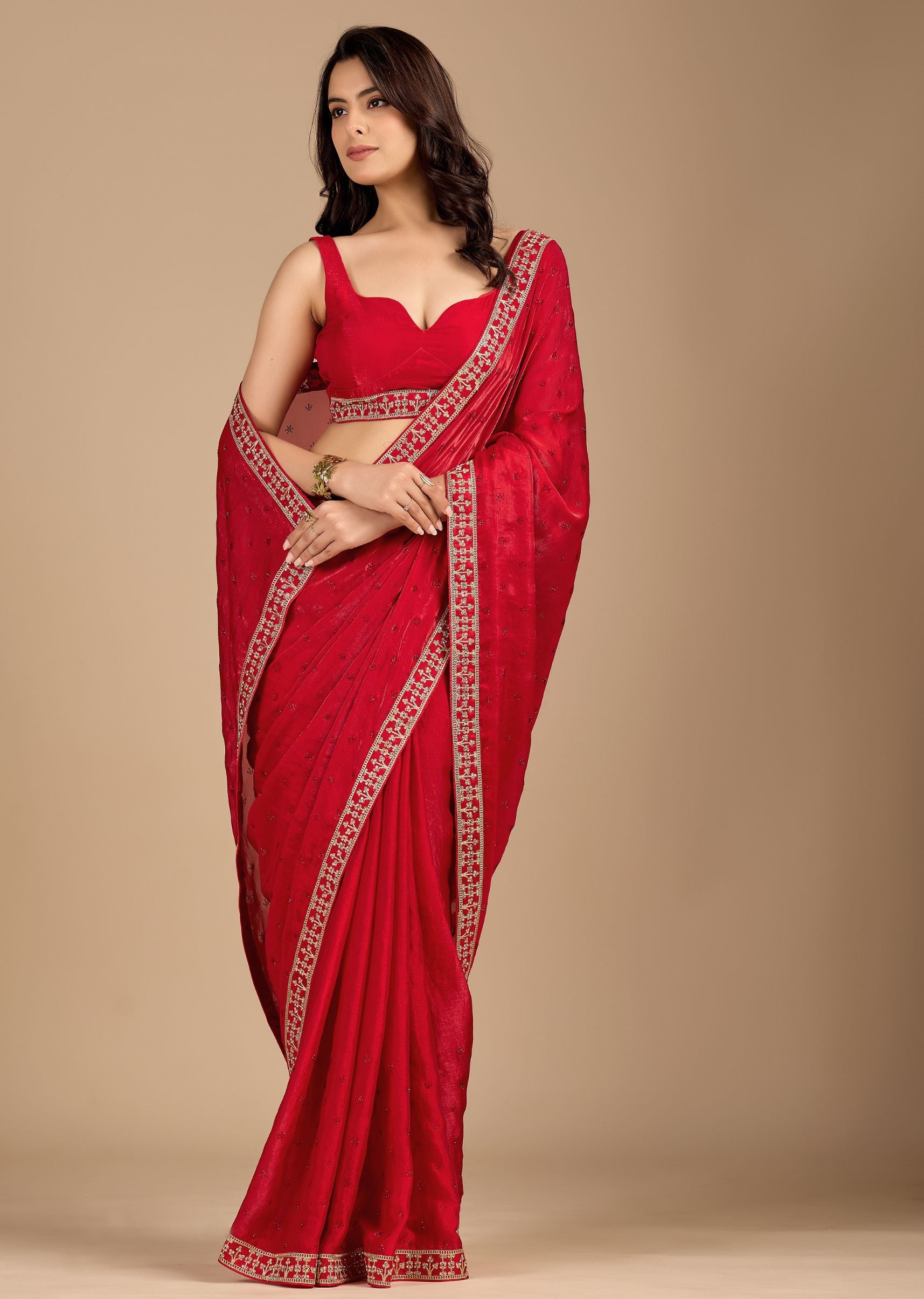 Ruby Red Organza Saree with Stone Work Border & Embellished Detailing