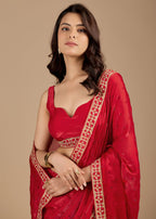Ruby Red Organza Saree with Stone Work Border & Embellished Detailing