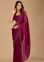 Wine Organza Saree with Stone Work Border & Designer Wave Pattern