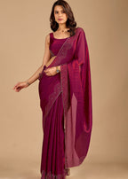 Wine Organza Saree with Stone Work Border & Designer Wave Pattern