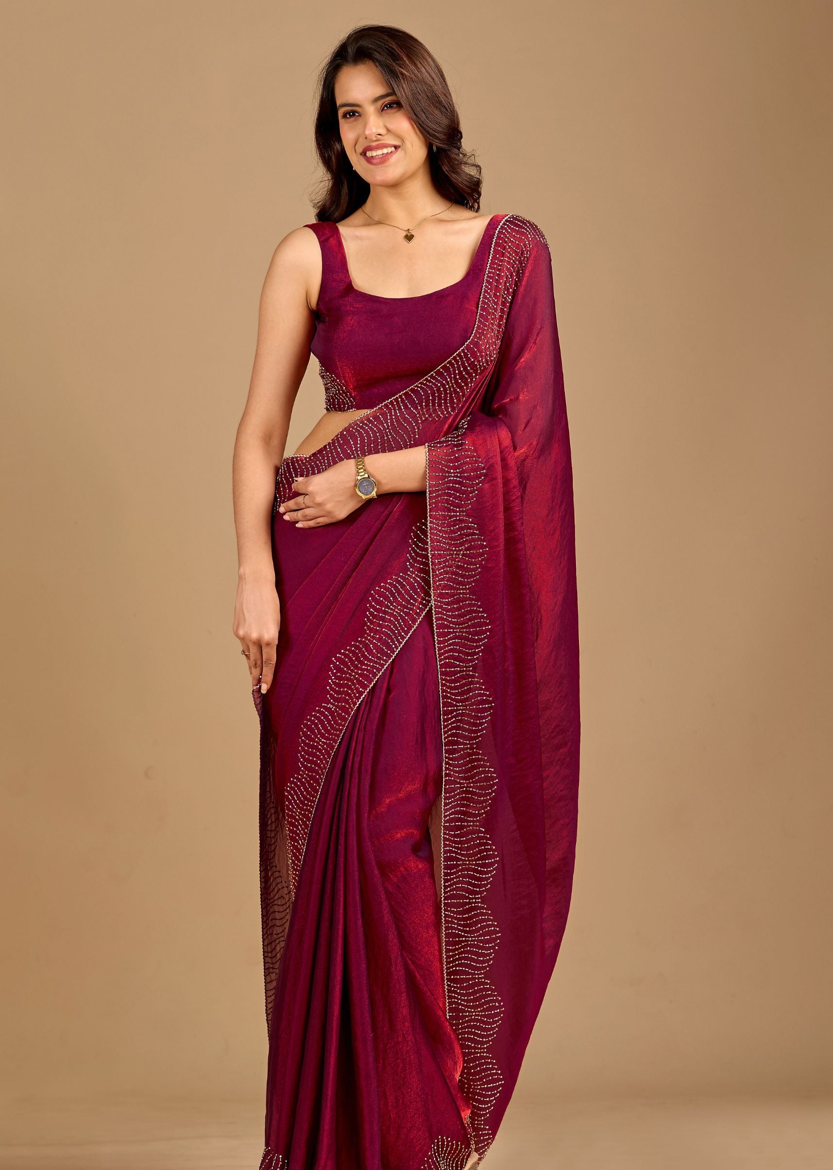 Wine Organza Saree with Stone Work Border & Designer Wave Pattern
