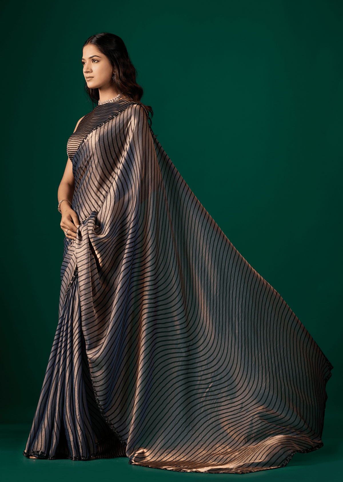 Blue Italian Silk Saree side view showing flowing silk drape