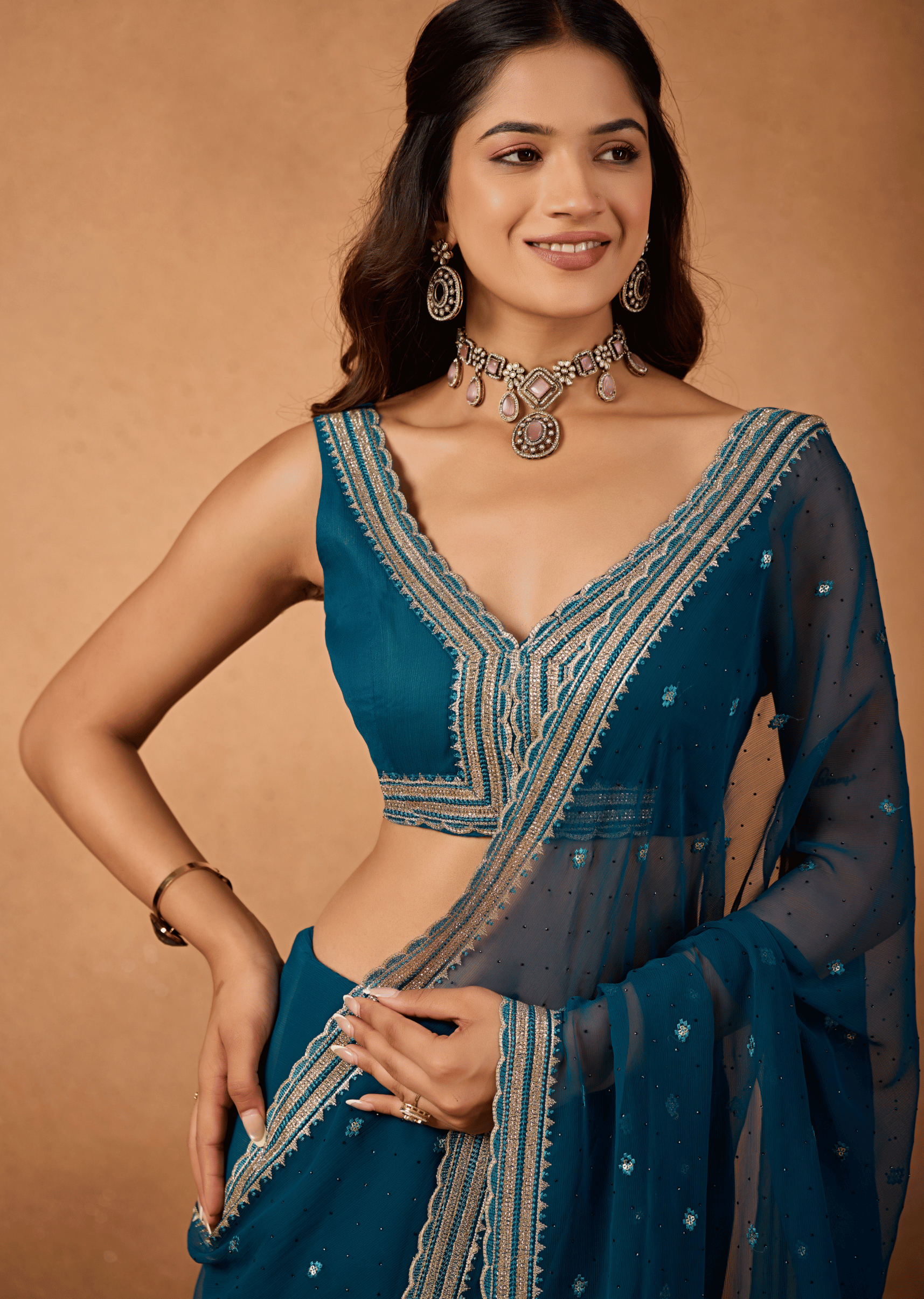 Blue Chiffon Saree Styled Look - Party Wear Saree