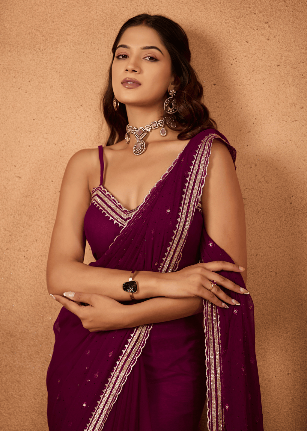 Purple Chiffon Saree Sequin Embroidery - Standing Pose