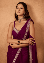 Purple Chiffon Saree Sequin Embroidery - Standing Pose