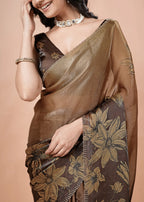 Coffee Brown Organza Silk Saree With Oversized Floral Print