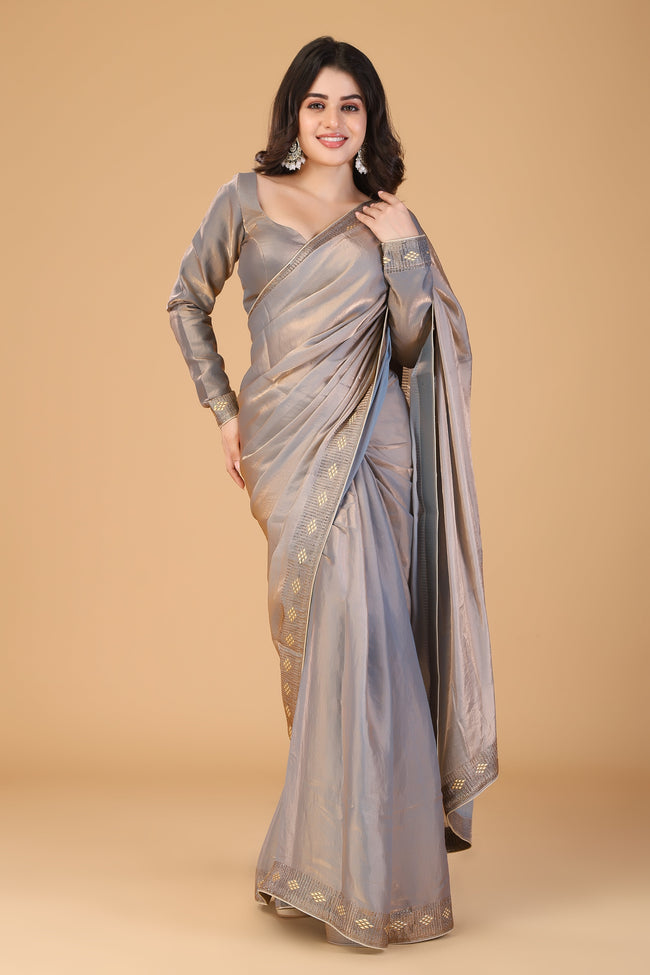 Bluish metalic gray beads and stone work saree Hover Image