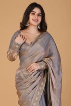 Bluish metalic gray beads and stone work saree