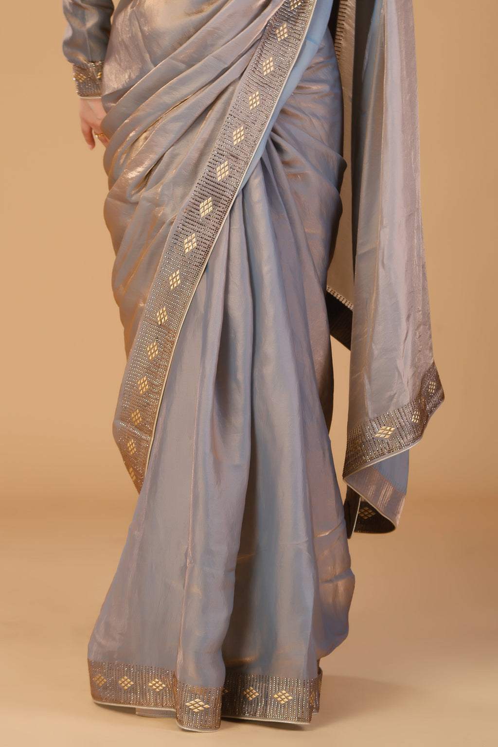 Bluish metalic gray beads and stone work saree