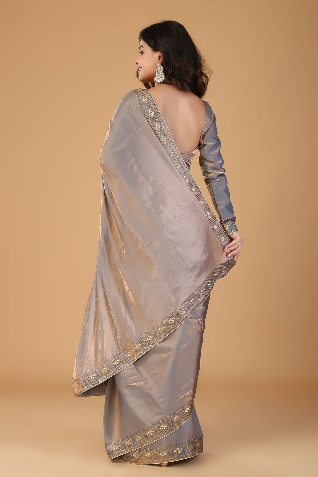 Bluish metalic gray beads and stone work saree