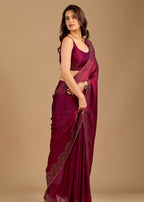 Wine Organza Saree with Stone Work Border & Designer Wave Pattern