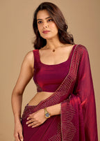 Wine Organza Saree with Stone Work Border & Designer Wave Pattern