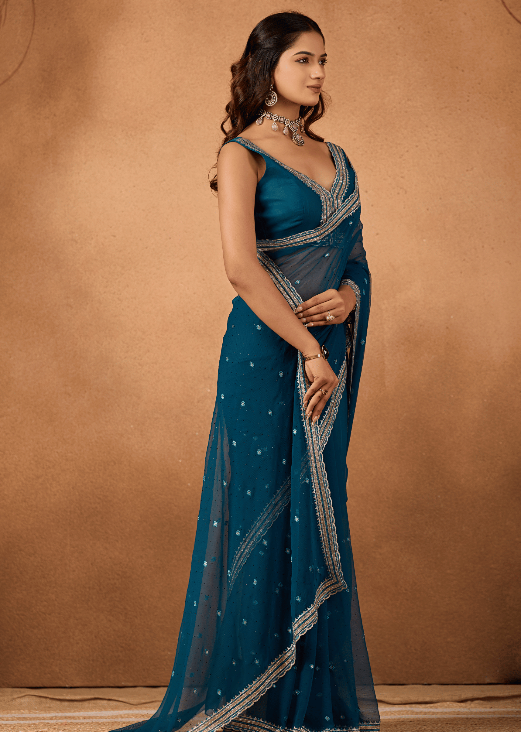 Blue Chiffon Saree With Matching Blouse - Sequin Embroidery Design