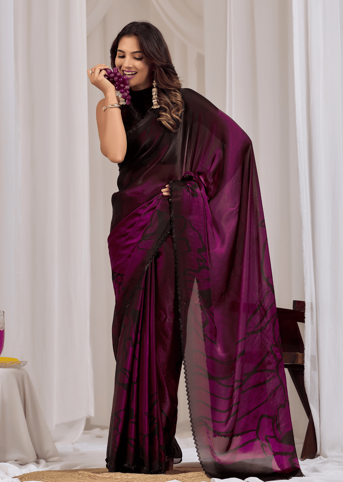  Wine Organza Saree With Floral Print - Front Look | Buy On Ethnic9
