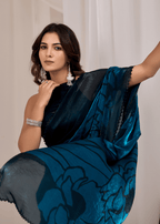 Royal Blue Organza Saree Close Up Pose - Festive Wear Saree