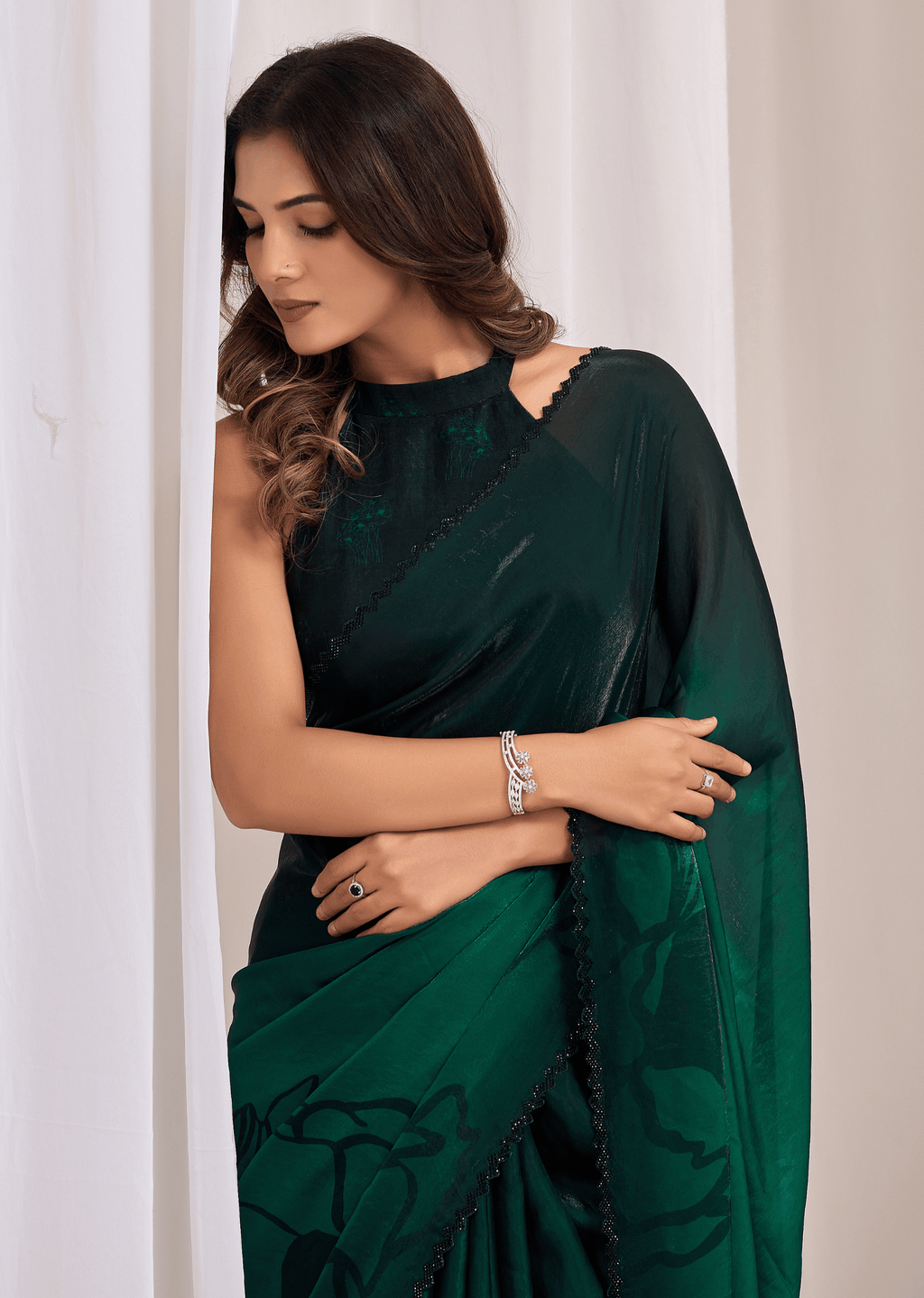 Green Organza Saree Close Up Pose - Festive Wear Saree