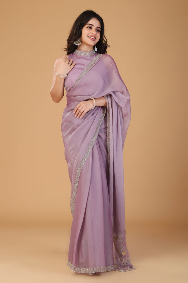Lavender pink stone work tissue saree Hover Image