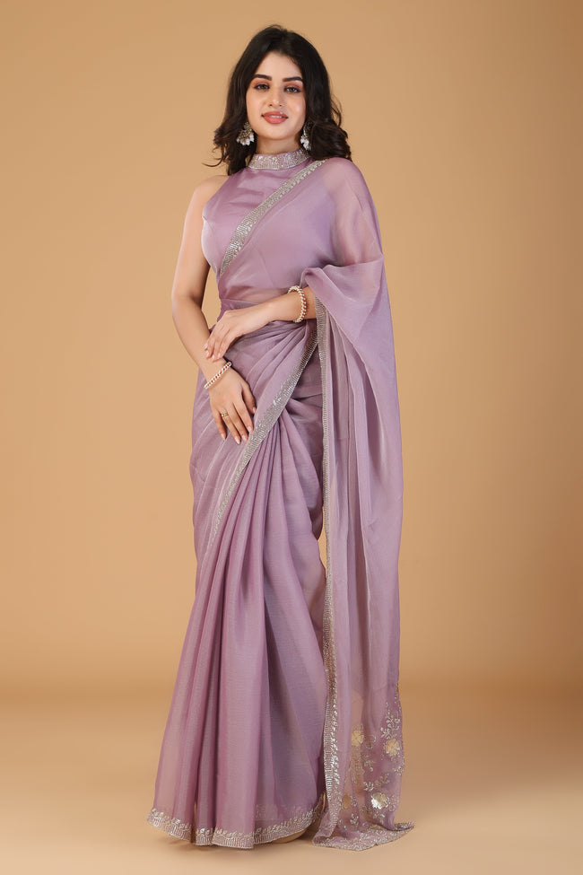 Lavender pink stone work tissue saree Main Image