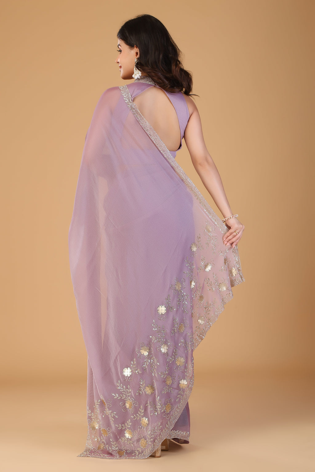 Lavender pink stone work tissue saree