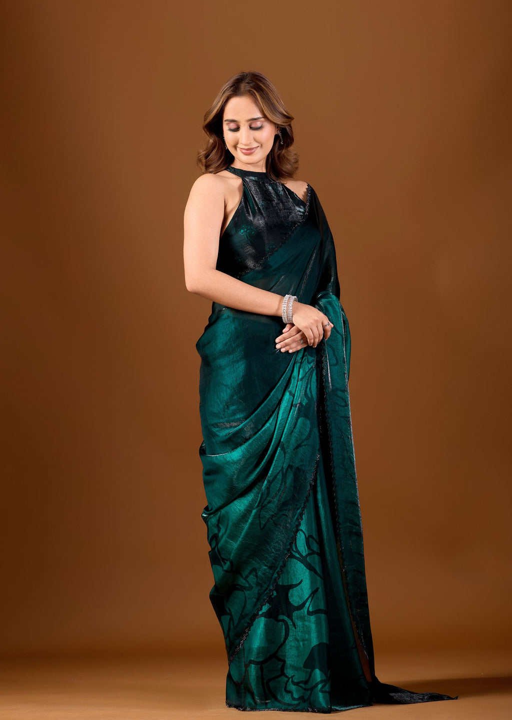 Wine Purple Organza Saree with Abstract Floral Print & Designer Scalloped Border