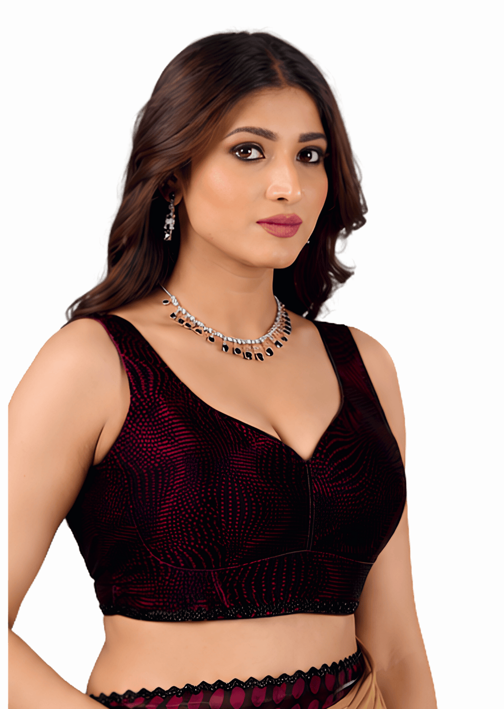 Wine Jacquard Sweetheart Neck Sleeveless Readymade Blouse for Women