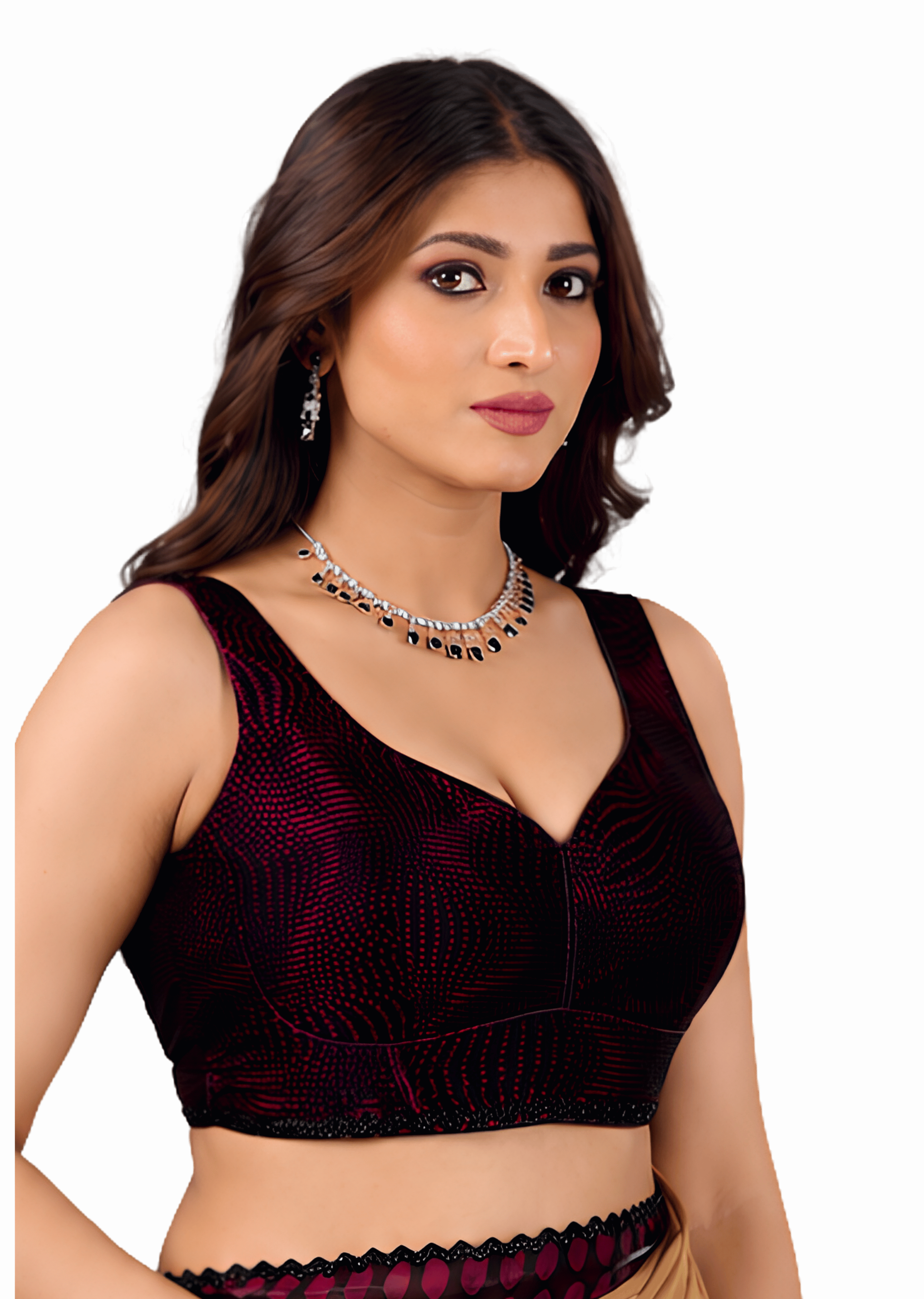 Wine Jacquard Sweetheart Neck Sleeveless Readymade Blouse for Women
