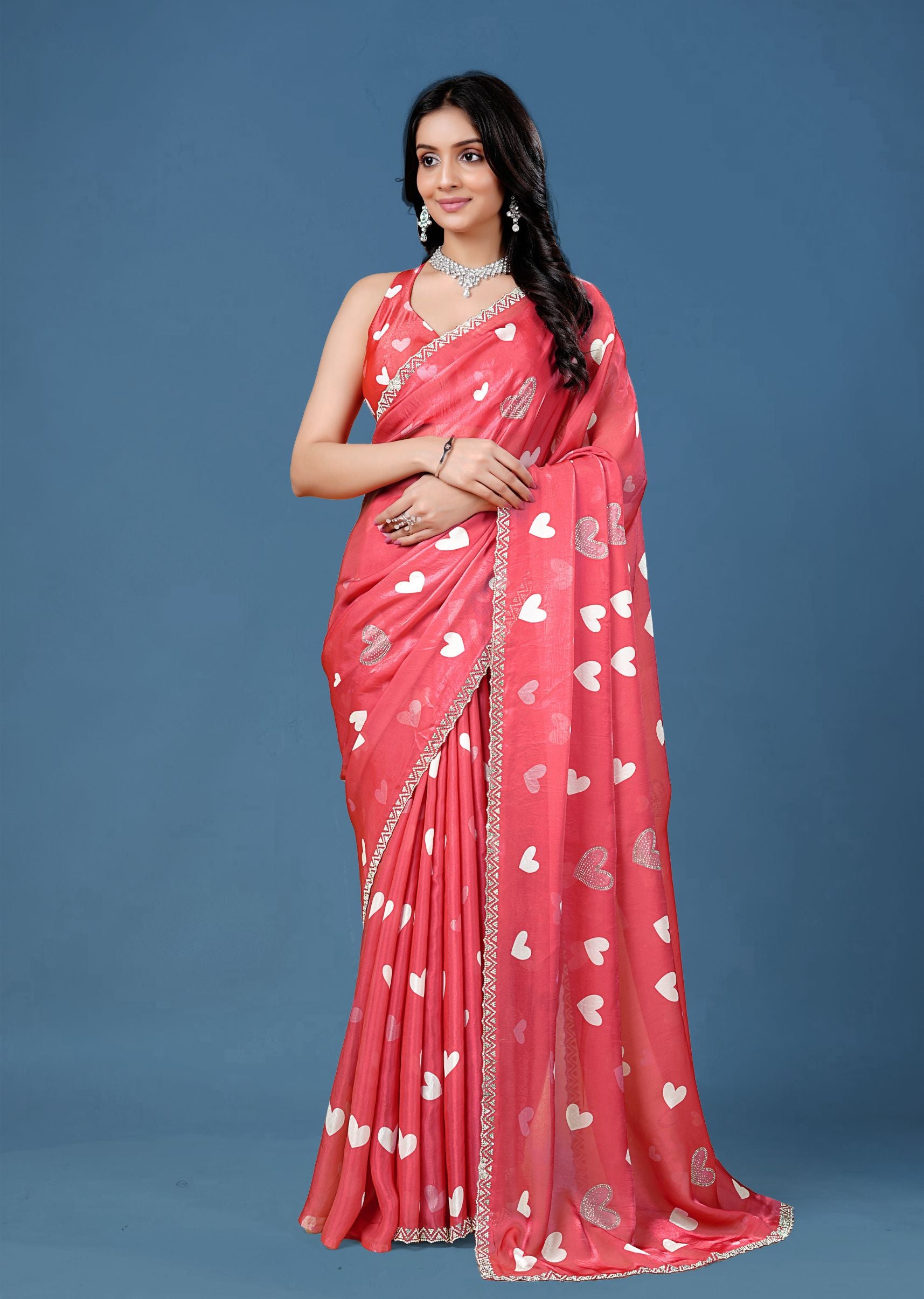 Sky Blue Organza Saree with Heart Print & Stone Work Border