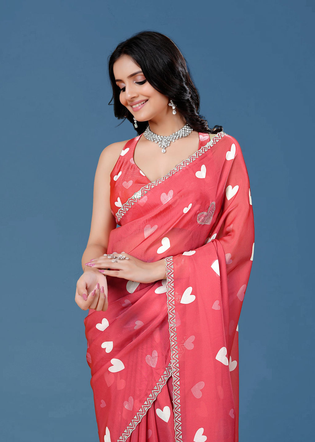 Sky Blue Organza Saree with Heart Print & Stone Work Border
