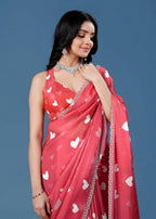 Sky Blue Organza Saree with Heart Print & Stone Work Border
