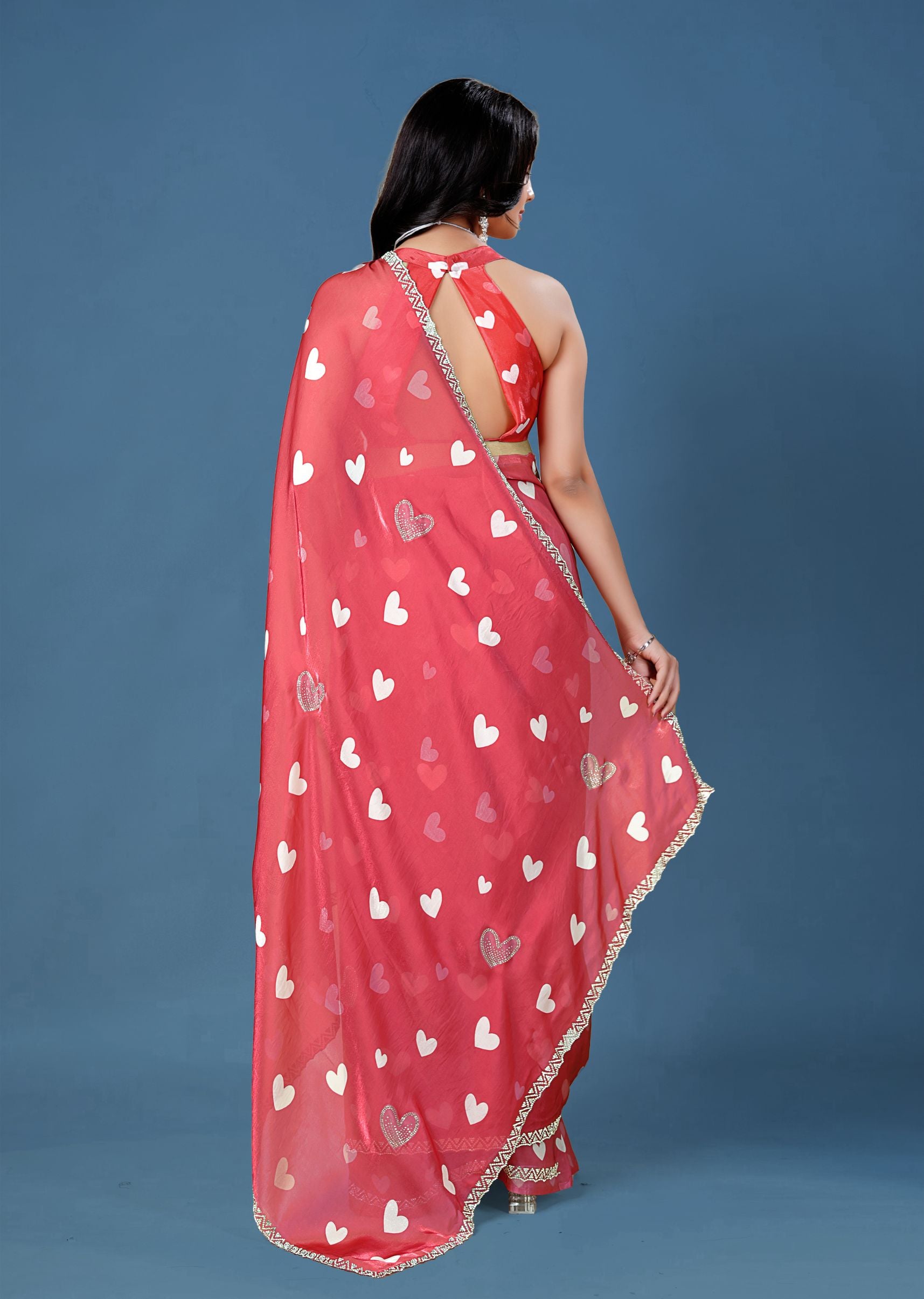 Sky Blue Organza Saree with Heart Print & Stone Work Border