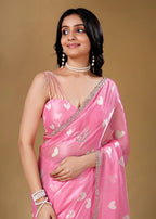 Sky Blue Organza Saree with Heart Print & Stone Work Border
