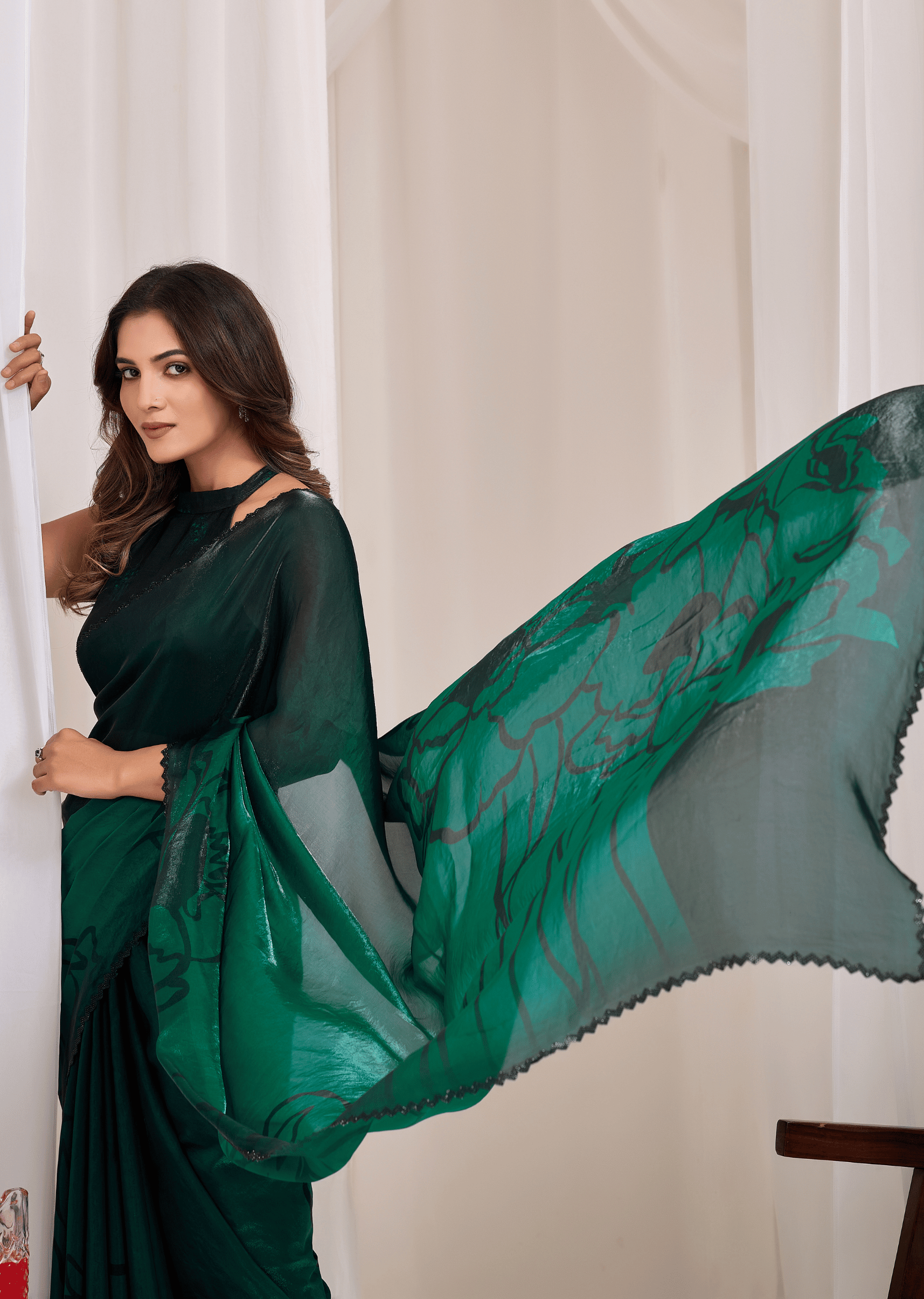 Green Organza Saree Close Up Pose - Festive Wear Saree