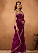 Purple Chiffon Saree With Sequin Embroidery - Front Look | Buy Online Ethnic9