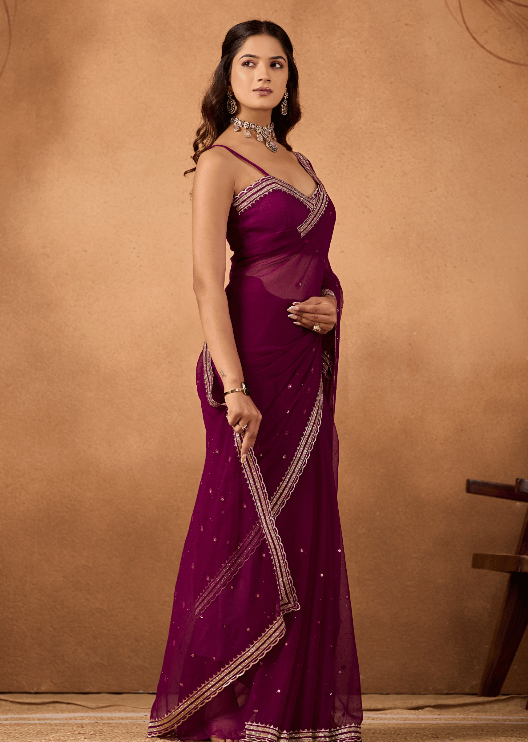 Purple Chiffon Saree With Sequin Embroidery - Front Look | Buy Online Ethnic9